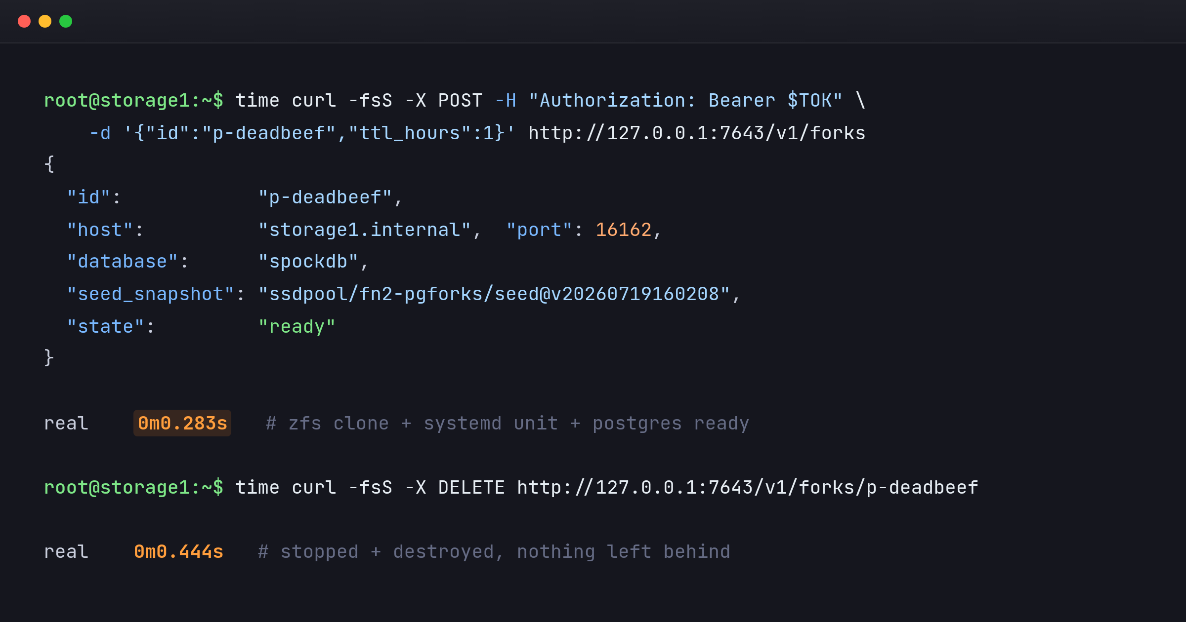 Terminal showing a Postgres fork created via the pgfork API in 283 milliseconds