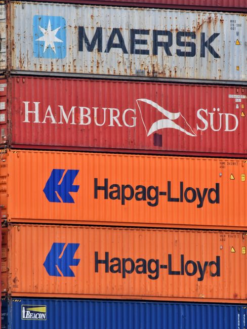 Stacked shipping containers at a port