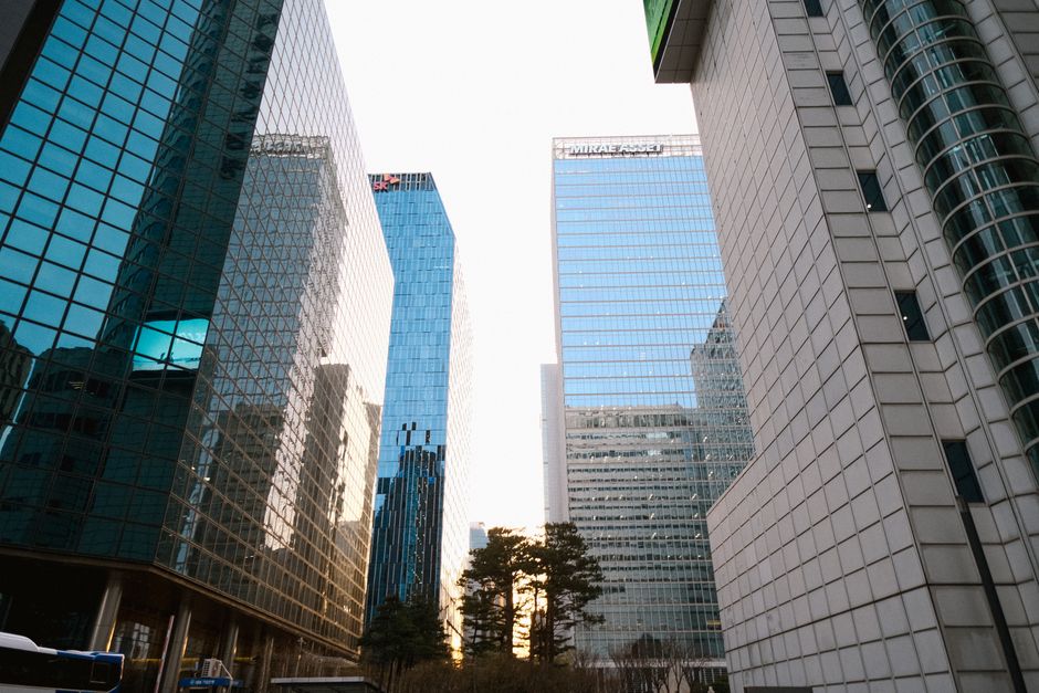 Modern cityscape with reflective glass skyscrapers