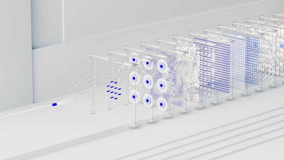 Abstract visualization of a neural network with interconnected nodes and data flow, representing AI computing infrastructure.