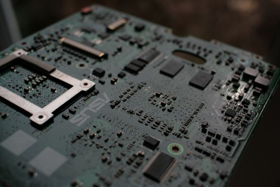 Close-up of a computer motherboard with intricate electronic circuitry