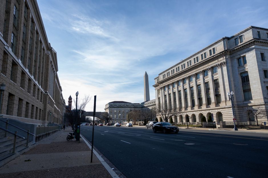 Washington DC street with the Washington Monument in the distance