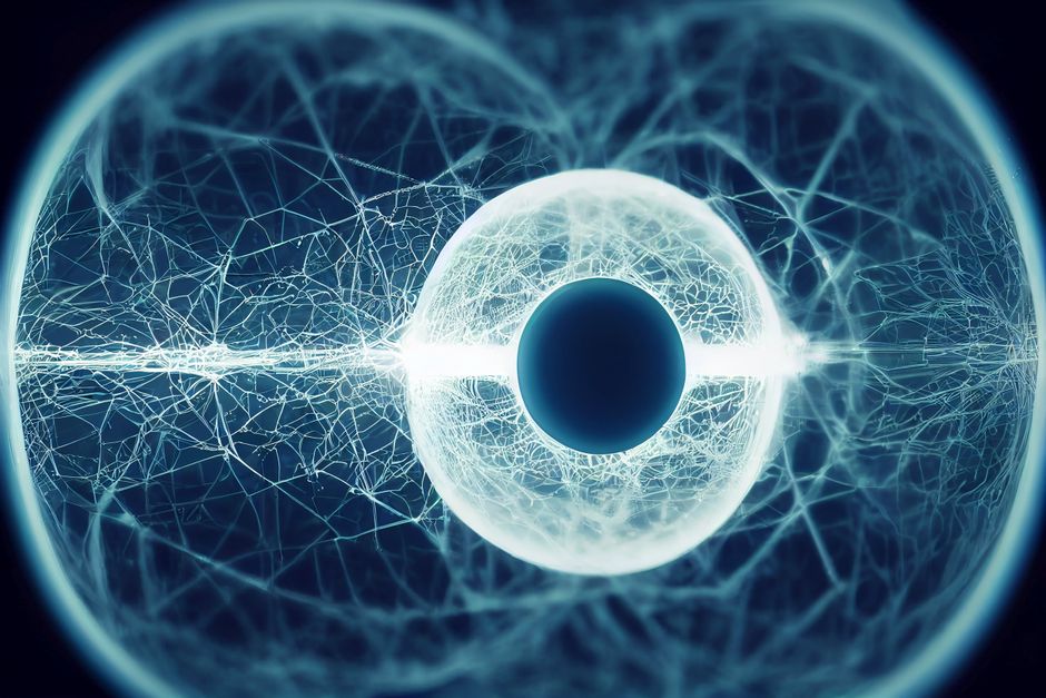 Digitally rendered abstract image of a futuristic eye with complex network patterns, representing artificial intelligence.