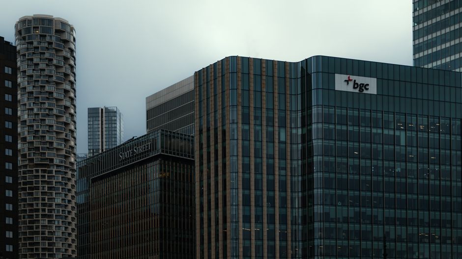 Modern glass skyscrapers in London's financial district