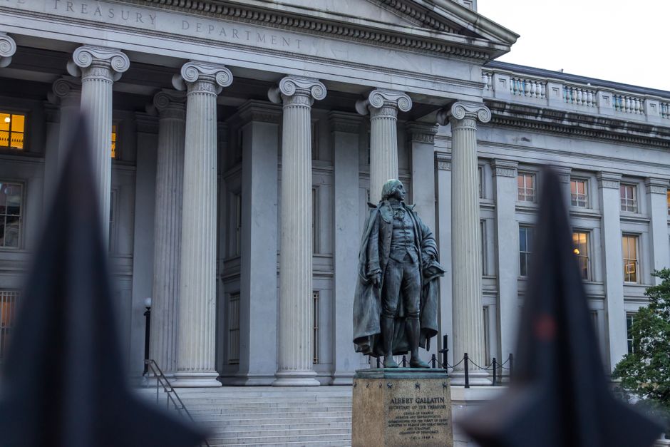US Treasury Department building with neoclassical facade in Washington