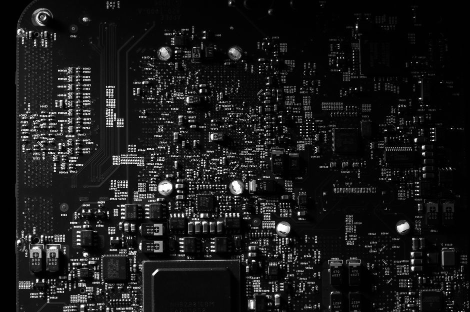 Close-up of a printed circuit board with intricate electronic components
