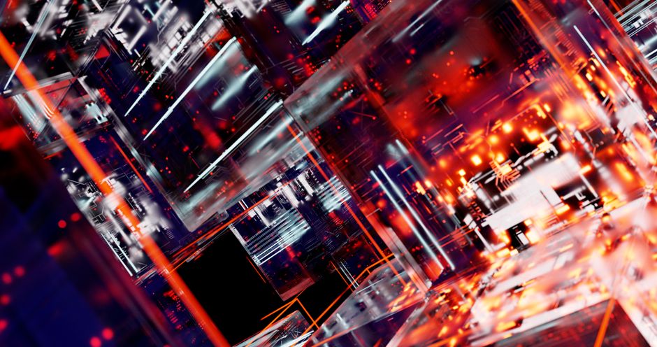 Abstract futuristic cyber landscape with a digital matrix and glowing blue and red lights, evoking artificial intelligence computing infrastructure.