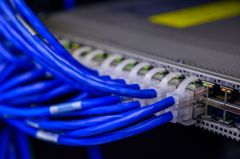 Close-up of blue ethernet cables connected to a network switch in a data center.