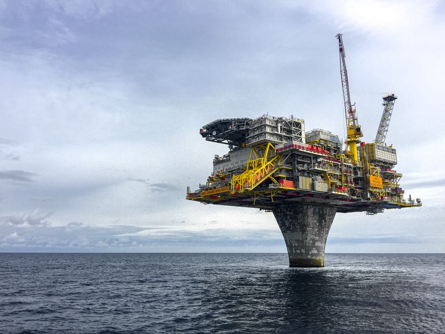 Large offshore oil platform in the North Sea, representing crude oil extraction and energy infrastructure