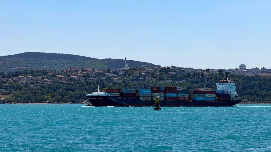 A container ship navigating through a narrow strait between landmasses, illustrating critical maritime oil transit routes.