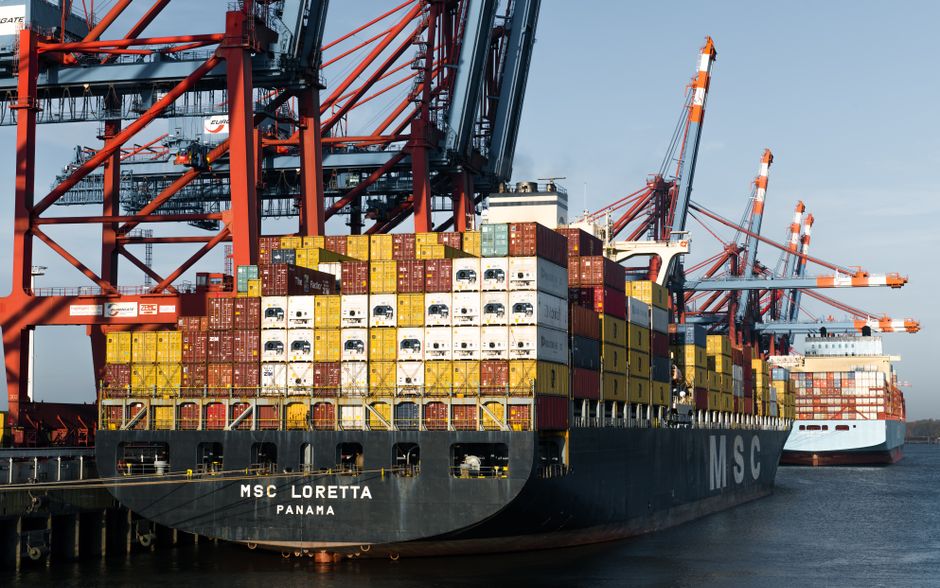 Container ships and port infrastructure reflecting the freight and energy risks facing physical-goods companies