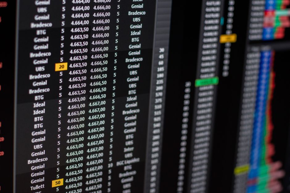 Electronic market data screens showing charts and price information during equity trading